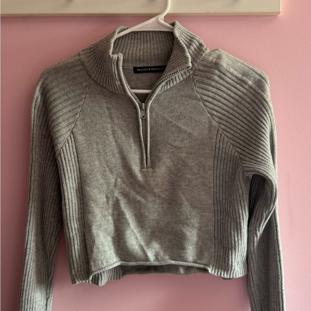 Brandy Melville Light Gray Ribbed Half-Zip Sweater